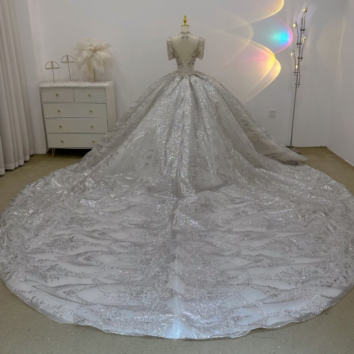 Gorgeous Silver White Wedding Dress Short Sleeve Sequin Beaded Ball Gown Vestido De Novia - Image 2
