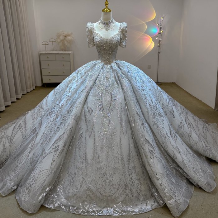 Gorgeous Silver White Wedding Dress Short Sleeve Sequin Beaded Ball Gown Vestido De Novia