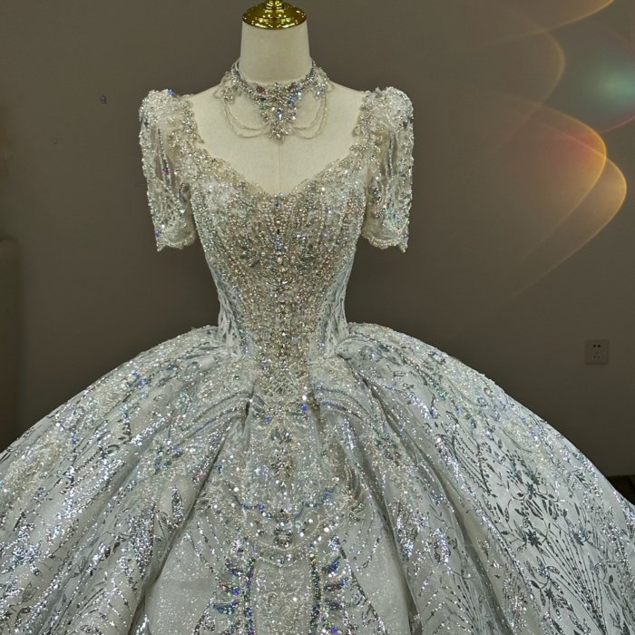 Gorgeous Silver White Wedding Dress Short Sleeve Sequin Beaded Ball Gown Vestido De Novia - Image 4