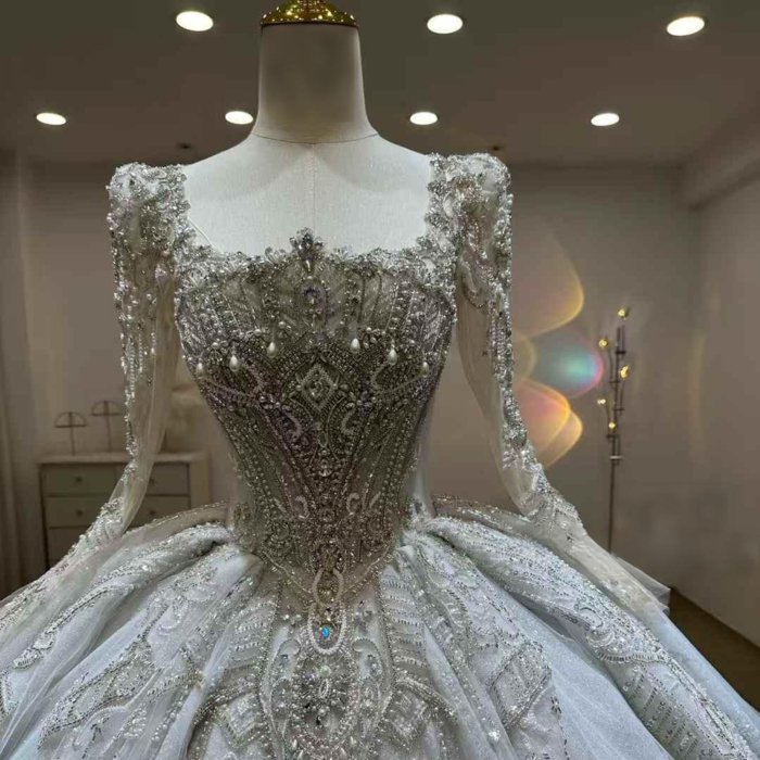 Gorgeous Silver White Wedding Dress Long Sleeve Crystal Beaded Ball Gown Vestido De Novia - Image 3