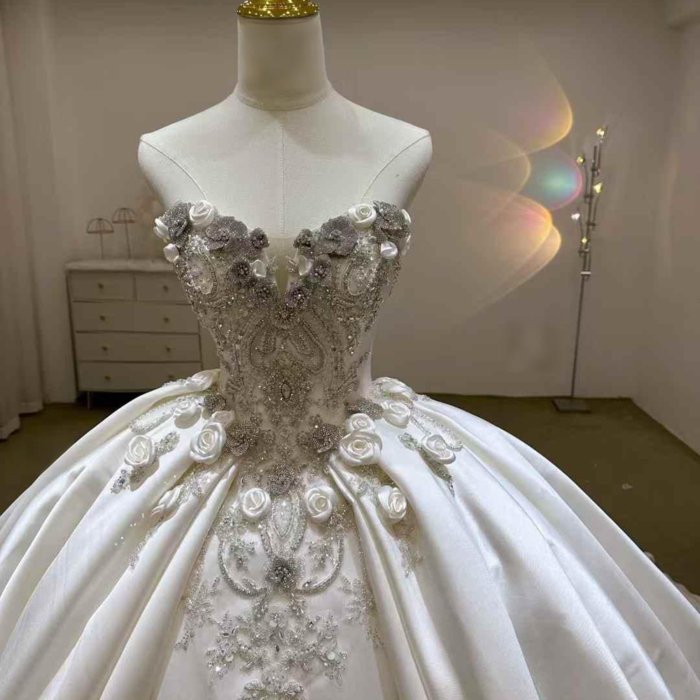 Gorgeous White Wedding Dress Strapless 3D Floral Crystal Beaded Satin Ball Gown Vestido De Novia - Image 7