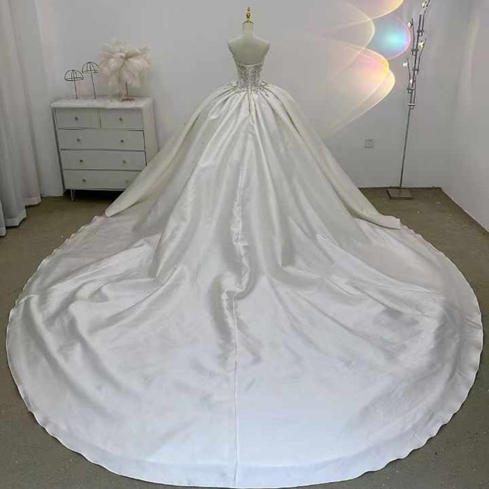 Gorgeous White Wedding Dress Strapless 3D Floral Crystal Beaded Satin Ball Gown Vestido De Novia - Image 2