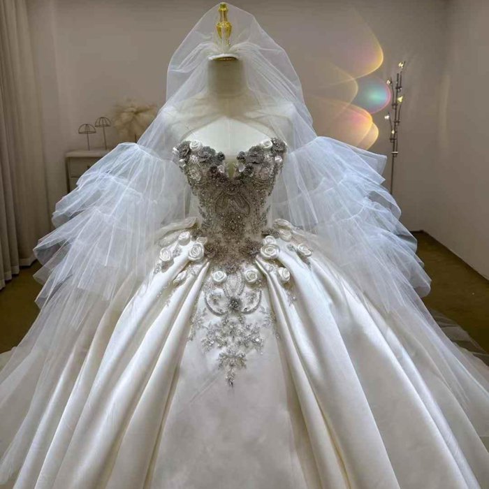 Gorgeous White Wedding Dress Strapless 3D Floral Crystal Beaded Satin Ball Gown Vestido De Novia - Image 5