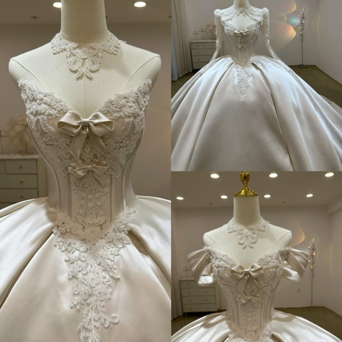 Elegant Shiny Ivory Satin Bowknot Ball Gown Wedding Dress Long Trailing Gown Bridal Dress - Image 4