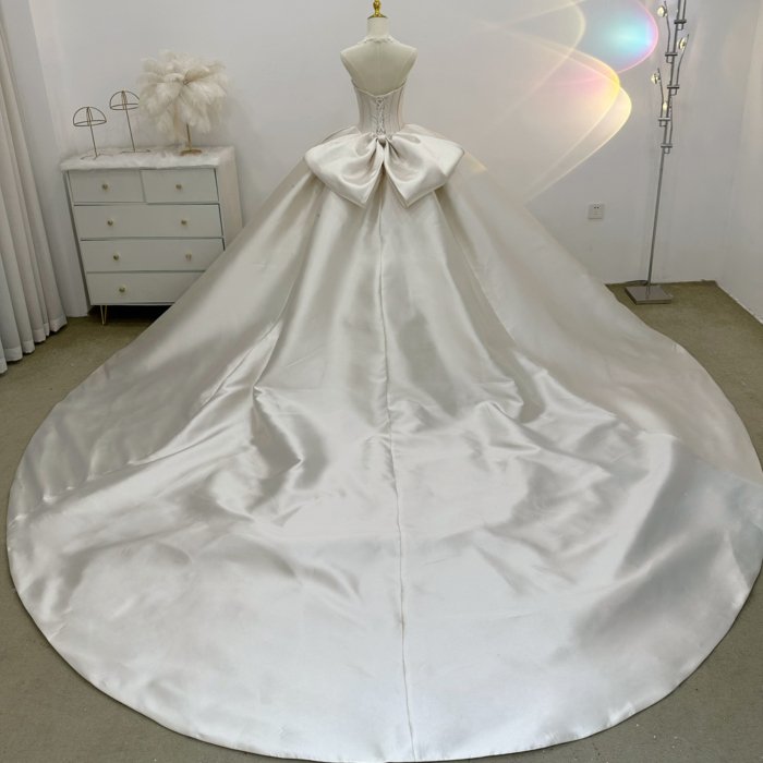 Elegant Shiny Ivory Satin Bowknot Ball Gown Wedding Dress Long Trailing Gown Bridal Dress - Image 2