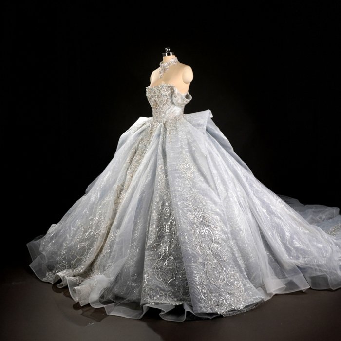 Glamorous Cinderella Blue Off Shoulder Ball Gown Wedding Dress Long Trailing Gown Bridal Dress - Image 5