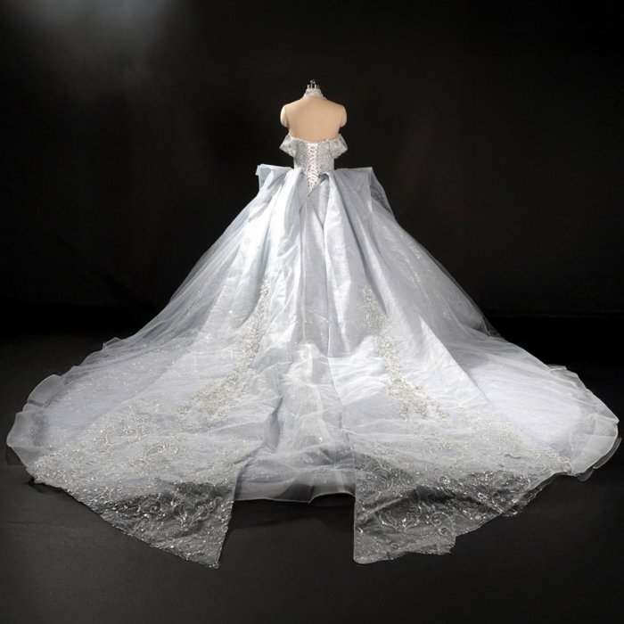 Glamorous Cinderella Blue Off Shoulder Ball Gown Wedding Dress Long Trailing Gown Bridal Dress - Image 2