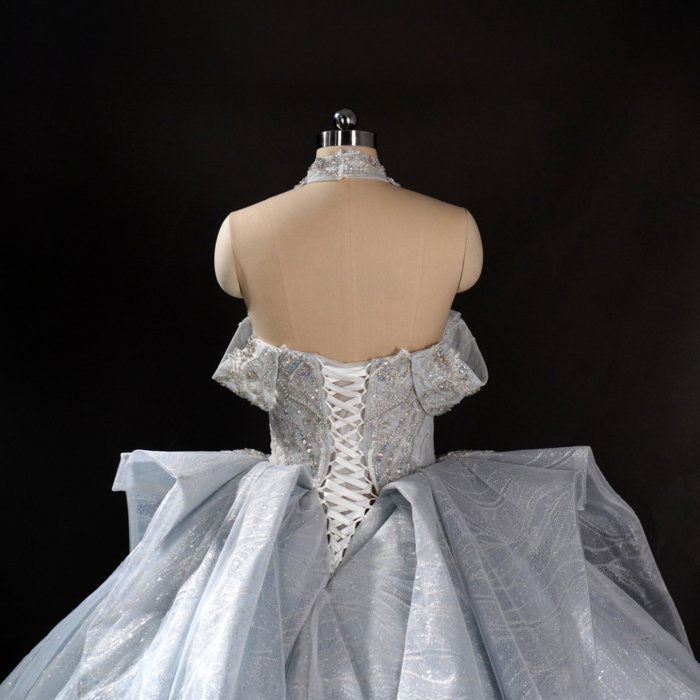 Glamorous Cinderella Blue Off Shoulder Ball Gown Wedding Dress Long Trailing Gown Bridal Dress - Image 4