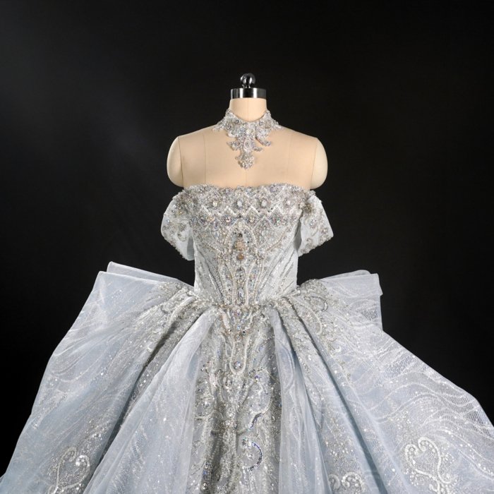 Glamorous Cinderella Blue Off Shoulder Ball Gown Wedding Dress Long Trailing Gown Bridal Dress - Image 3