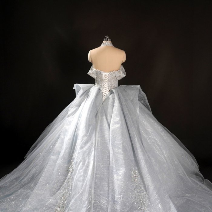 Glamorous Cinderella Blue Off Shoulder Ball Gown Wedding Dress Long Trailing Gown Bridal Dress - Image 6
