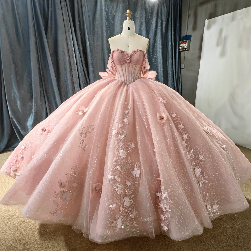 Pink Quinceanera Dresses Strapless Flowers Rosa Evening Dress Pearls Sweet 16 Vestidos De Quinceanera Floor Length MW50