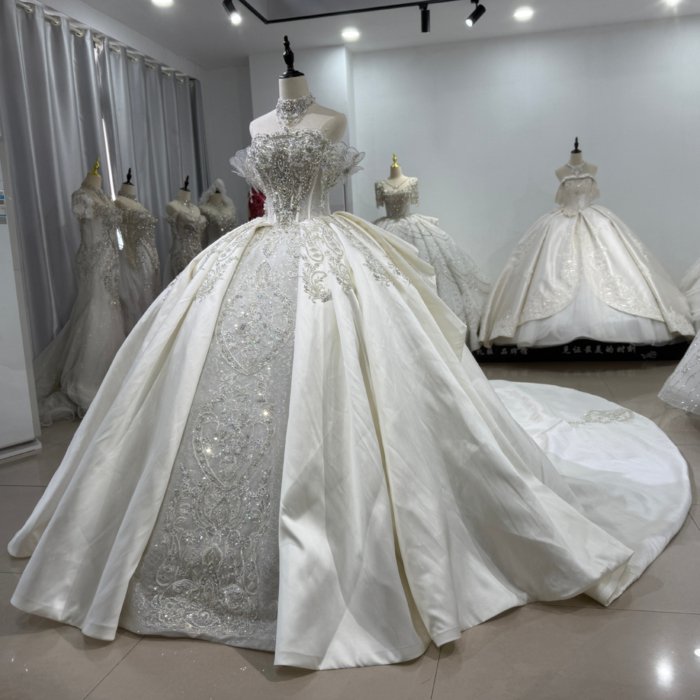 2025 Satin Wedding Dress Elegant Bridal Gown Flowers Off Shoulder Vestidos De Novias Sequined Beading Lace Evening Party Dress XS199 - Image 4