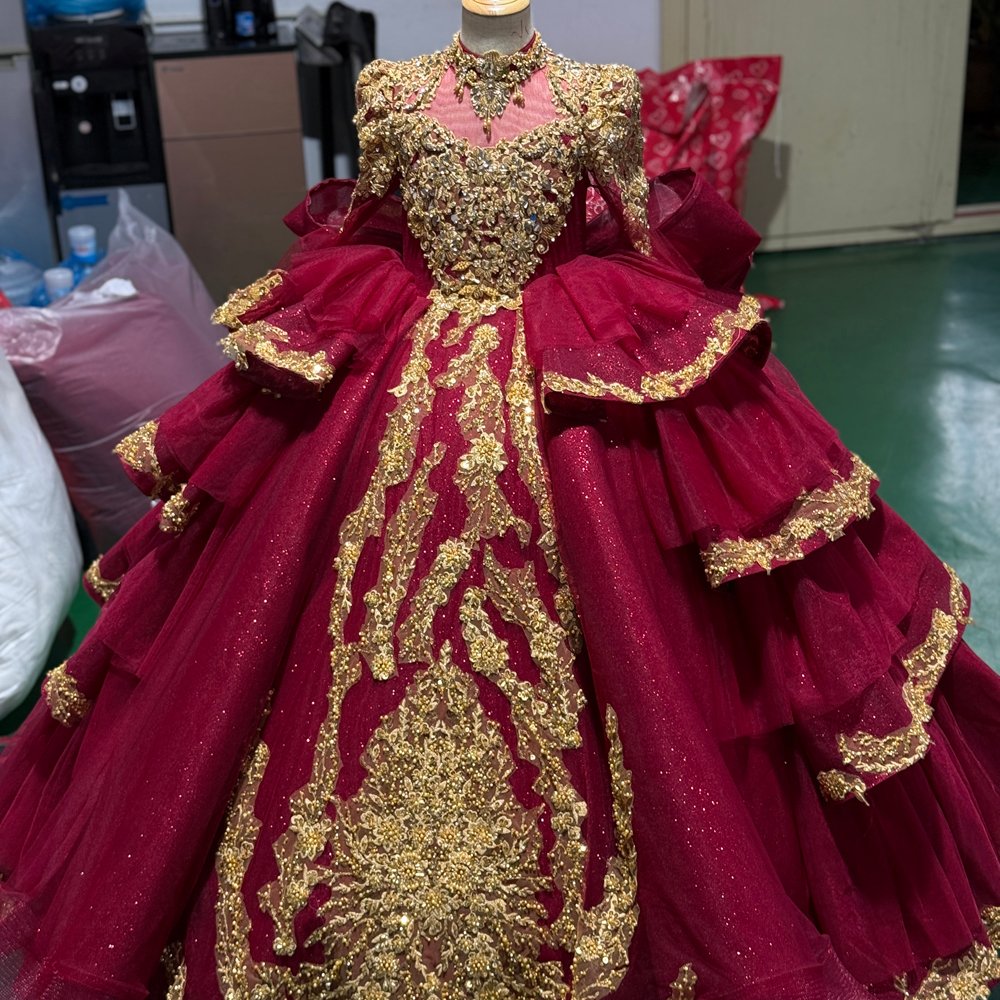 2025 Flower Girl Dress Red Gold Quinceañera Flowers Vestidos De 15 Años Sequined Beading Lace Evening Party Dress - Image 3