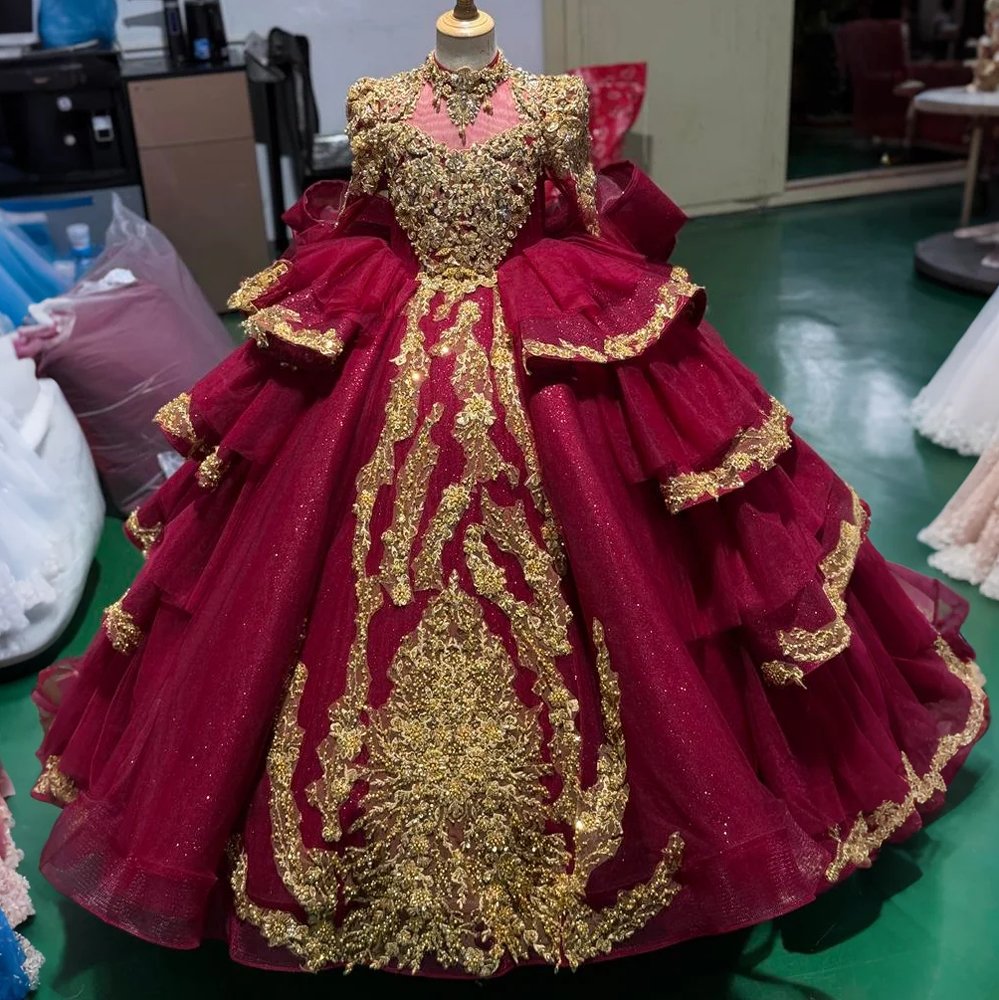 2025 Flower Girl Dress Red Gold Quinceañera Flowers Vestidos De 15 Años Sequined Beading Lace Evening Party Dress