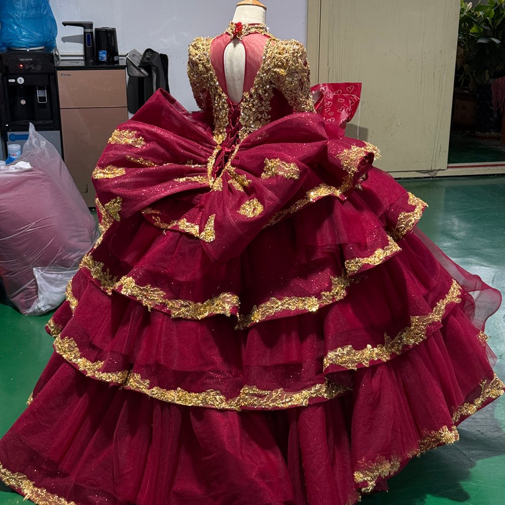 2025 Flower Girl Dress Red Gold Quinceañera Flowers Vestidos De 15 Años Sequined Beading Lace Evening Party Dress - Image 2