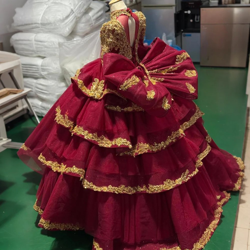 2025 Flower Girl Dress Red Gold Quinceañera Flowers Vestidos De 15 Años Sequined Beading Lace Evening Party Dress - Image 4