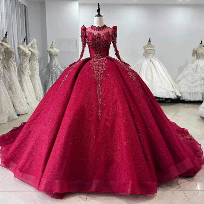 Exquisite Red Ball Gown Beaded Long Sleeves Prom Dress With Long Train For Princess