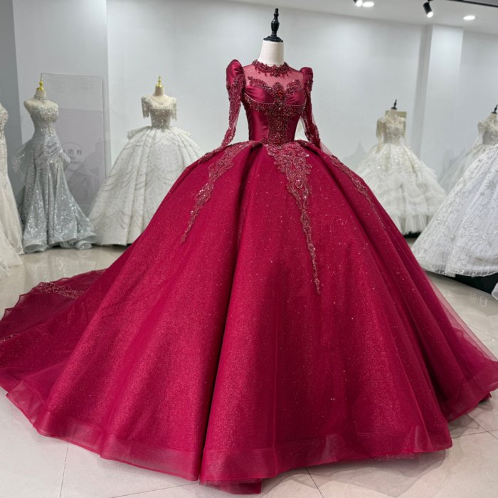 Exquisite Red Ball Gown Beaded Long Sleeves Prom Dress With Long Train For Princess - Image 5