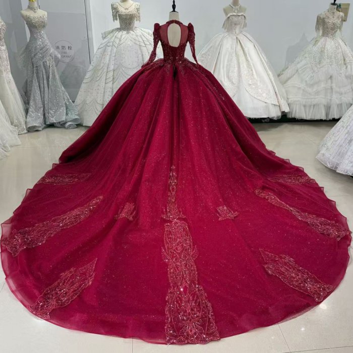 Exquisite Red Ball Gown Beaded Long Sleeves Prom Dress With Long Train For Princess - Image 2