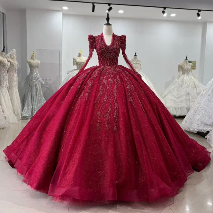 Exquisite Red Beaded Sequin Long Sleeves Prom Gown With Long Train For Quinceanera