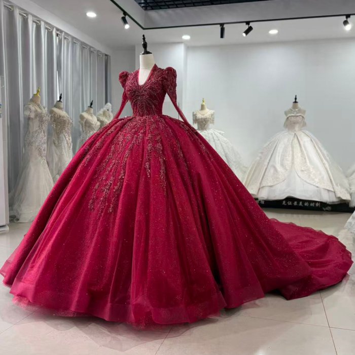 Exquisite Red Beaded Sequin Long Sleeves Prom Gown With Long Train For Quinceanera - Image 4