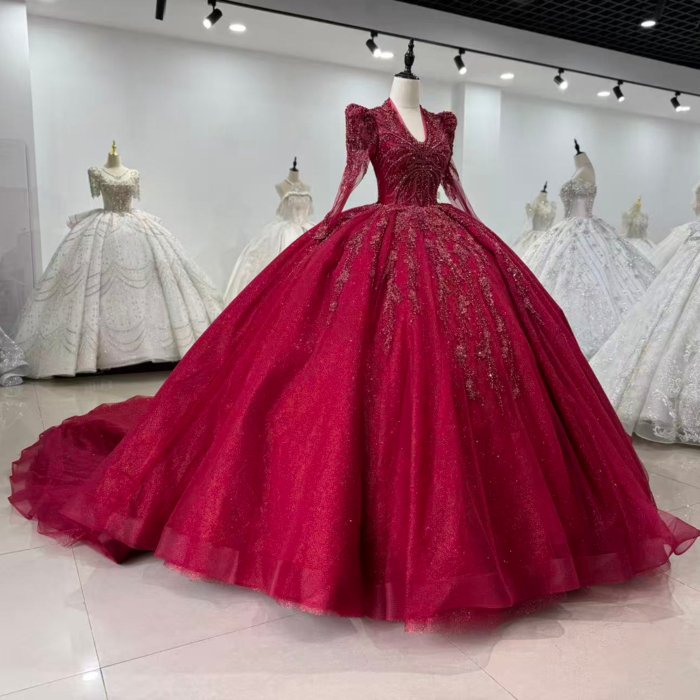 Exquisite Red Beaded Sequin Long Sleeves Prom Gown With Long Train For Quinceanera - Image 5