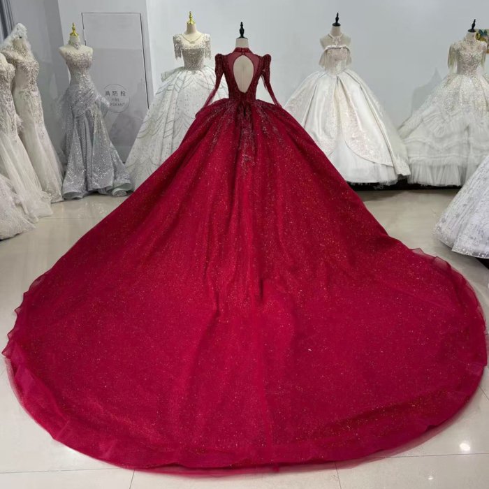 Exquisite Red Beaded Sequin Long Sleeves Prom Gown With Long Train For Quinceanera - Image 2