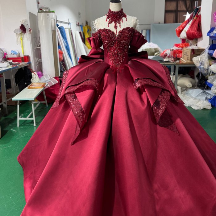3 in 1 Exquisite Burgundy Ball Gown Beaded Off The Shoulder Princess Dress With Ruffles For Wedding - Image 4