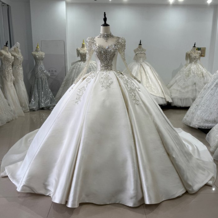Luxurious Beaded Ivory High Neck Ball Gown Satin Wedding Dress Long Sleeve Gown Bridal Dress