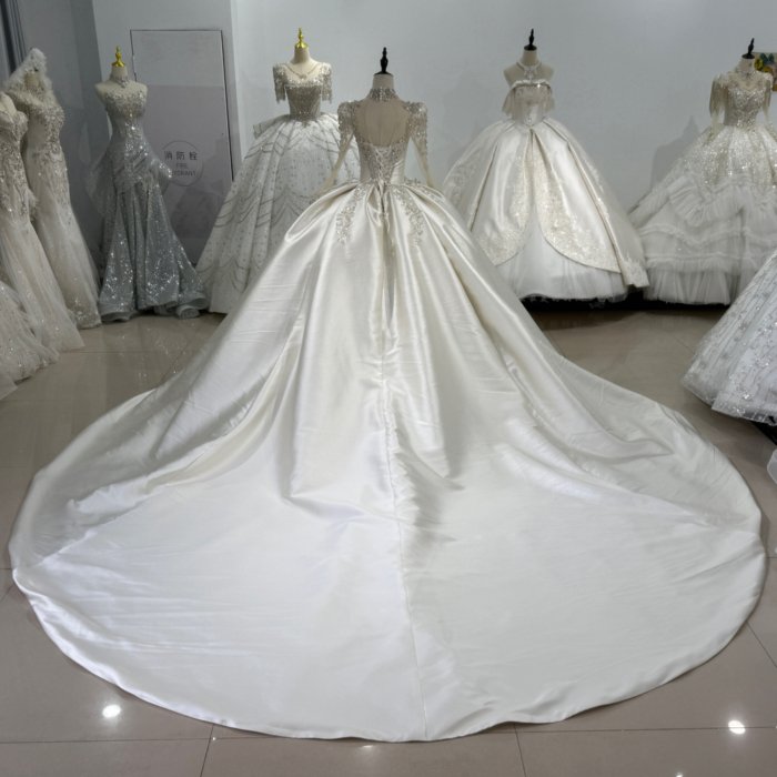 Luxurious Beaded Ivory High Neck Ball Gown Satin Wedding Dress Long Sleeve Gown Bridal Dress - Image 2