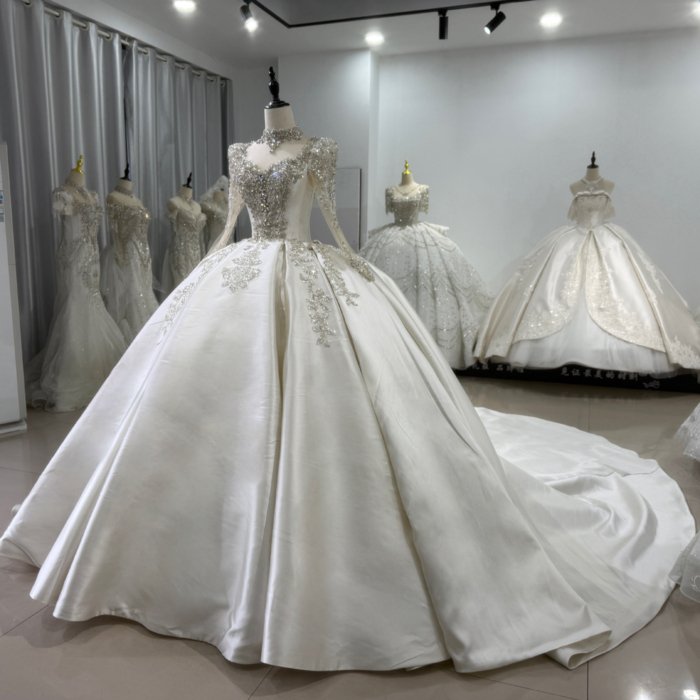 Luxurious Beaded Ivory High Neck Ball Gown Satin Wedding Dress Long Sleeve Gown Bridal Dress - Image 5