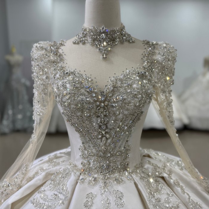 Luxurious Beaded Ivory High Neck Ball Gown Satin Wedding Dress Long Sleeve Gown Bridal Dress - Image 3