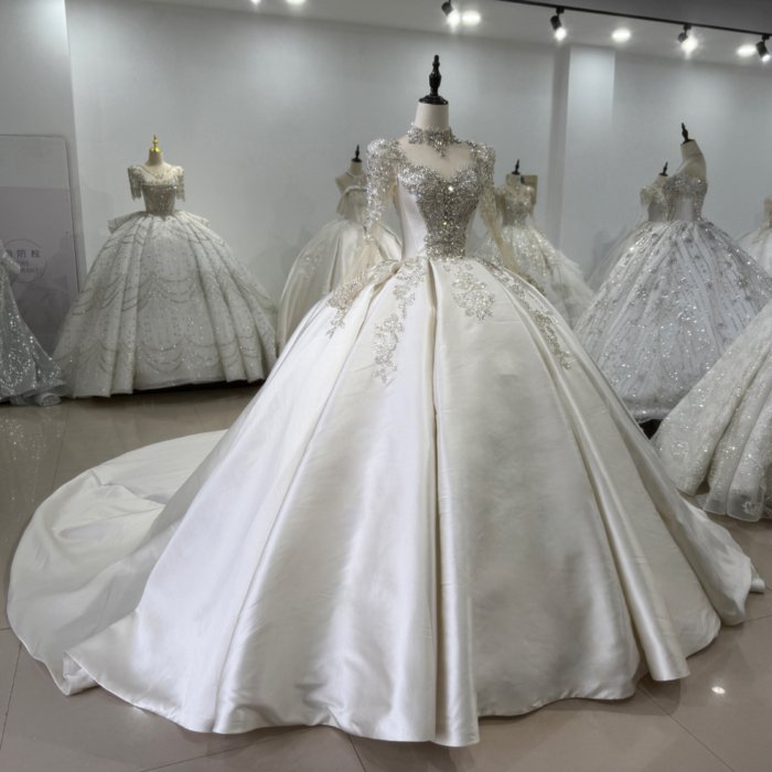 Luxurious Beaded Ivory High Neck Ball Gown Satin Wedding Dress Long Sleeve Gown Bridal Dress - Image 4