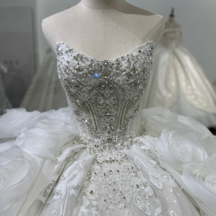 Elegant Crystal Ivory Sweetheart Ball Gown Wedding Dress Ruffled Appliqued Gown Bridal Dress - Image 3