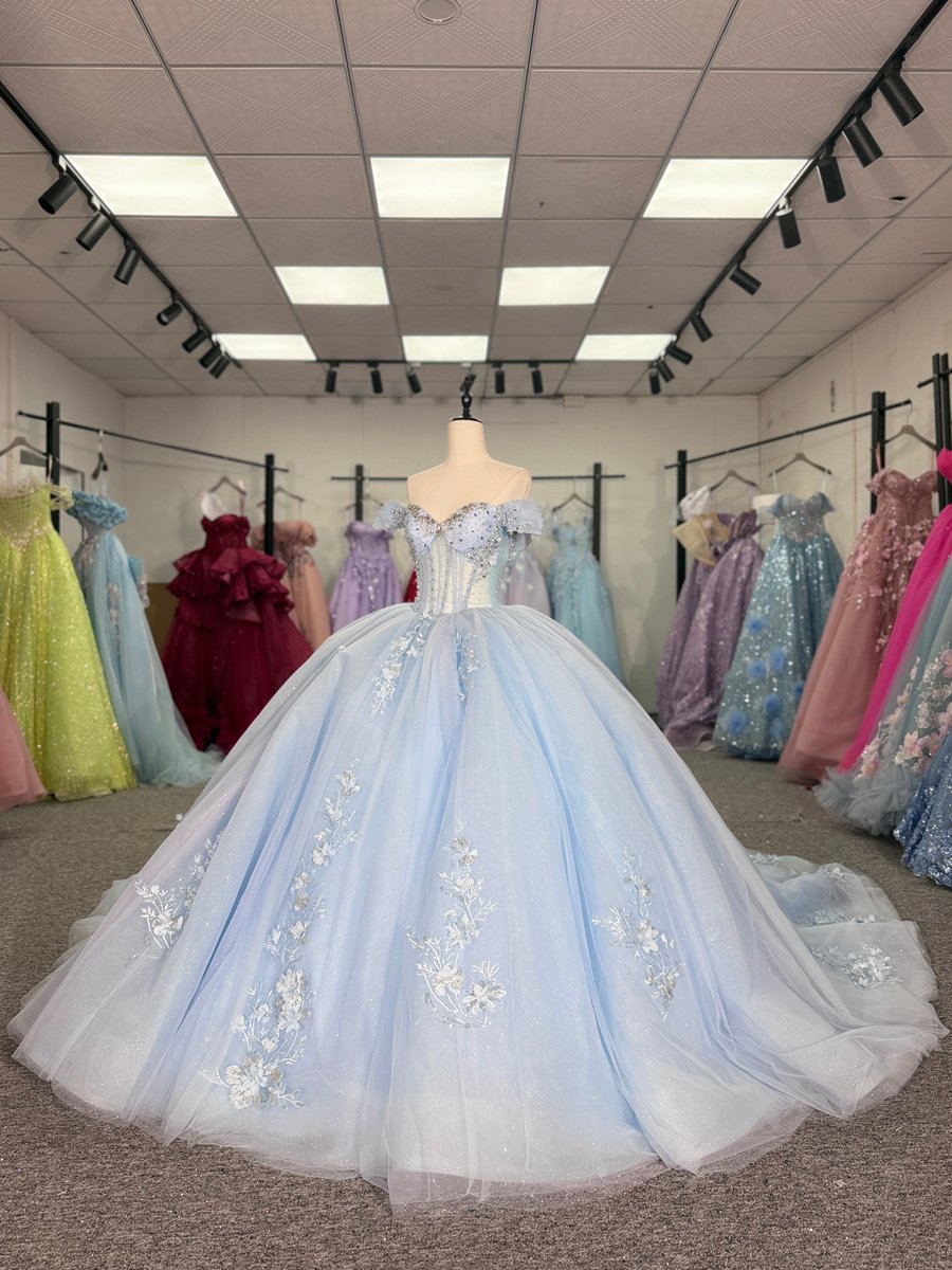 Gorgeous Blue Quinceanera Dress Ball Gown Off Shoulder Corset Beaded Lace Up Sweet 16 Dress - Image 5