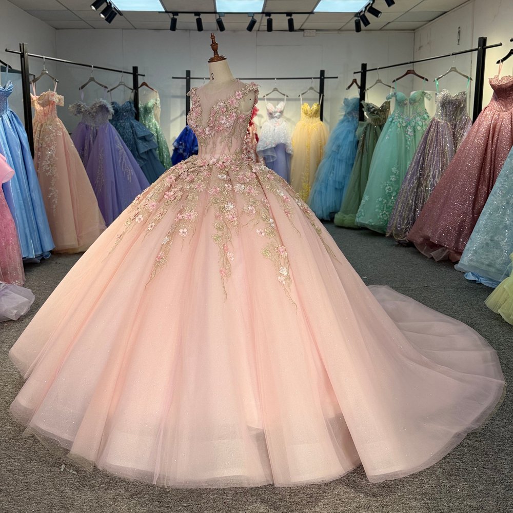 Luxurious Blush Pink Sleeveless Beaded Floral Applique Quinceanera Dress Ball Gown - Image 5