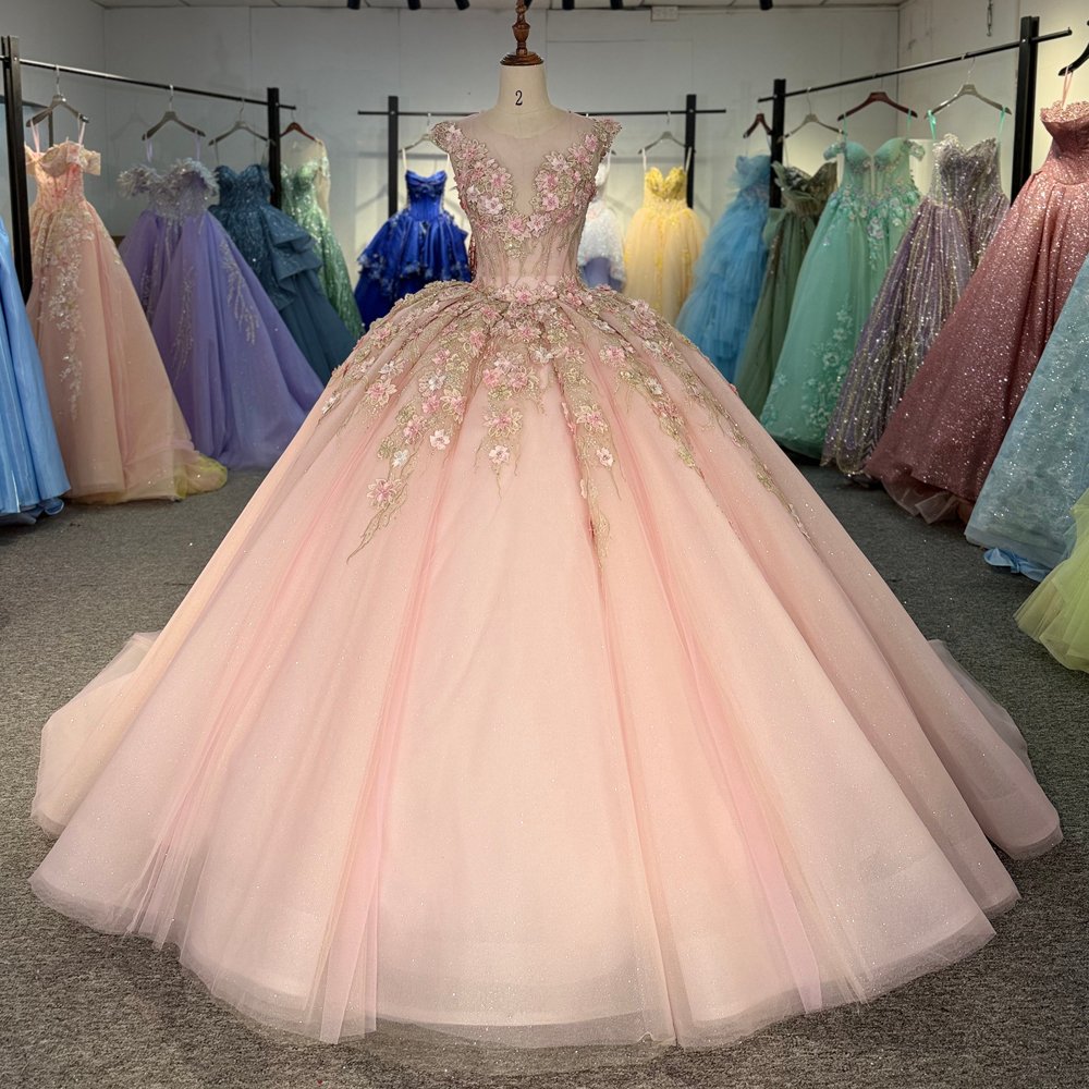 Luxurious Blush Pink Sleeveless Beaded Floral Applique Quinceanera Dress Ball Gown