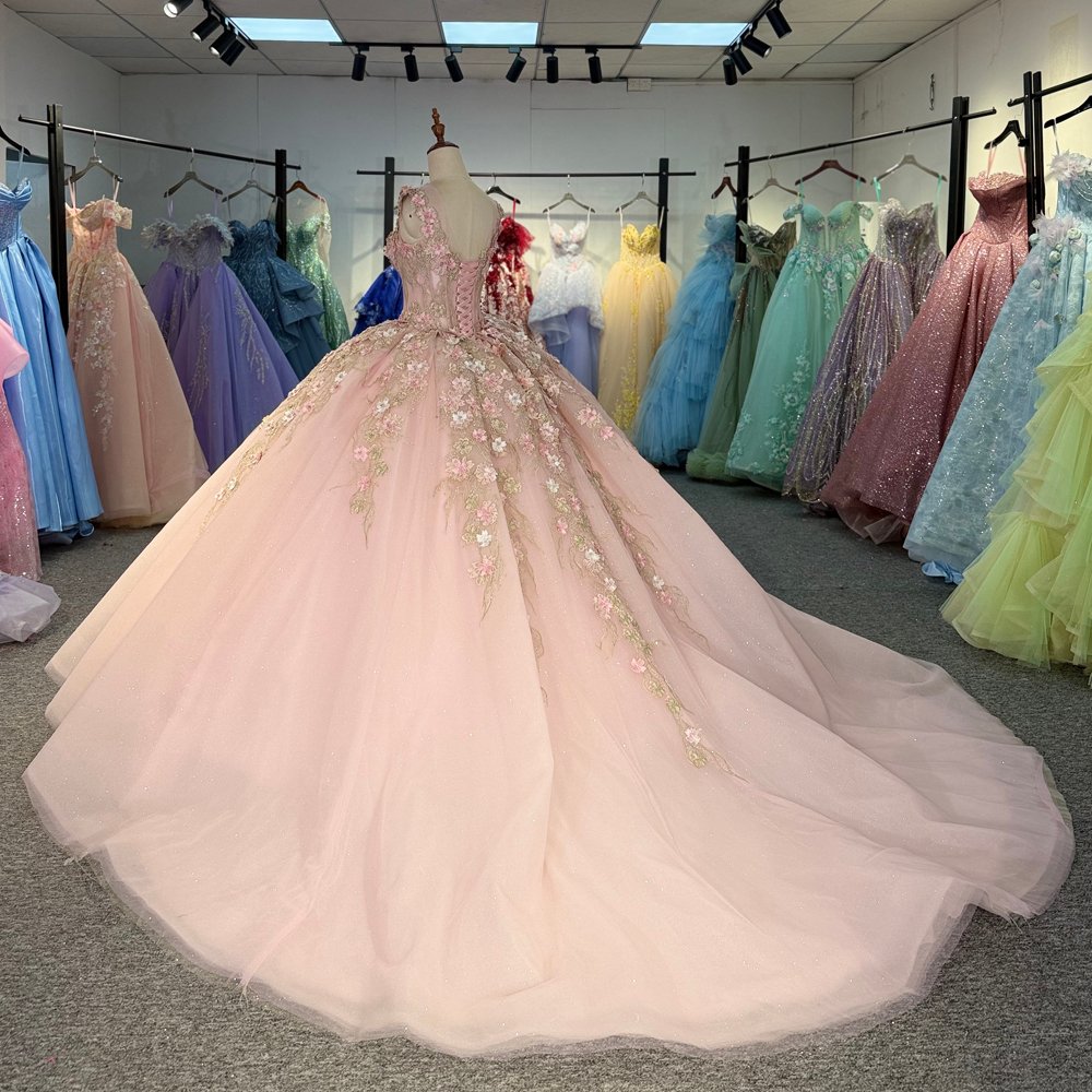 Luxurious Blush Pink Sleeveless Beaded Floral Applique Quinceanera Dress Ball Gown - Image 6