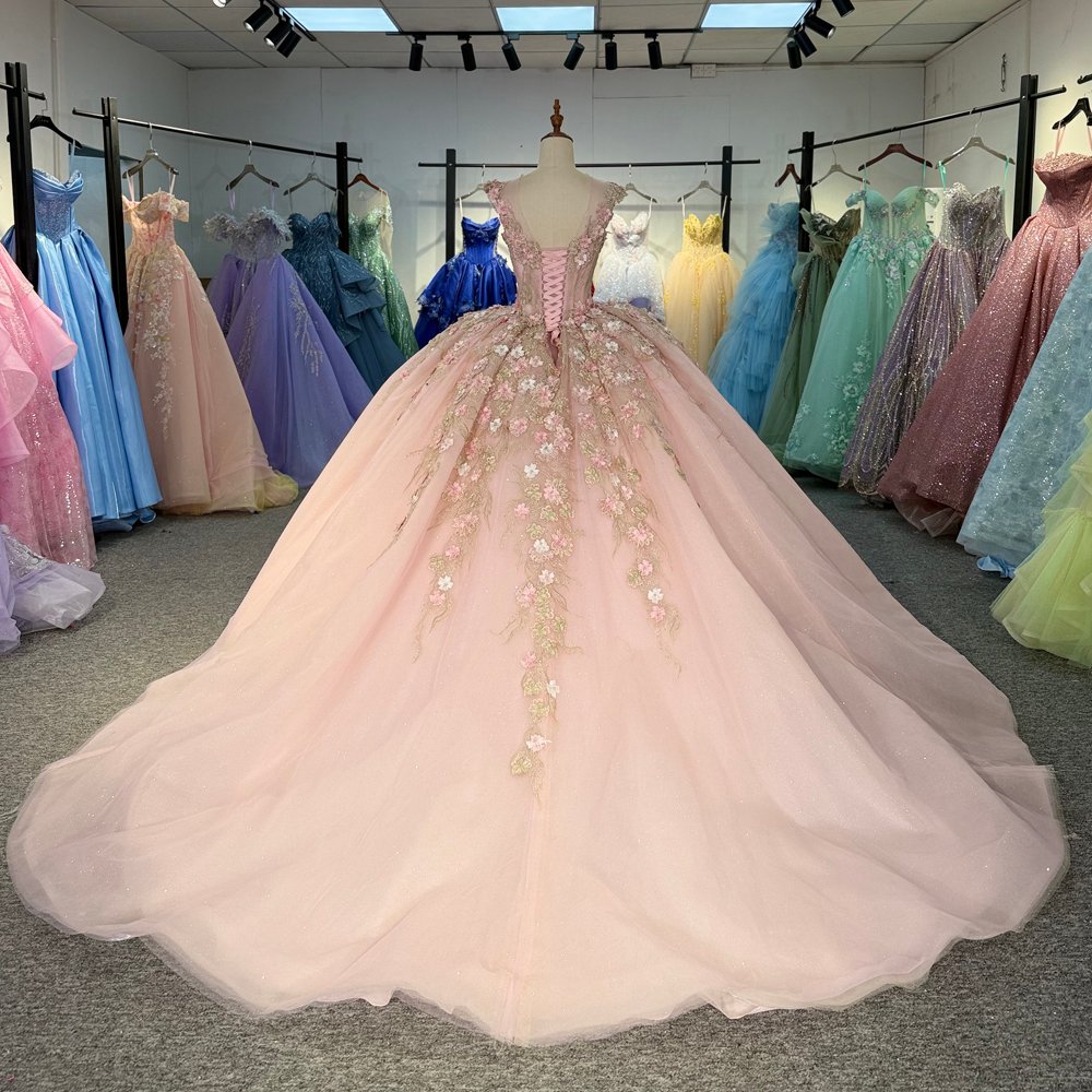 Luxurious Blush Pink Sleeveless Beaded Floral Applique Quinceanera Dress Ball Gown - Image 2