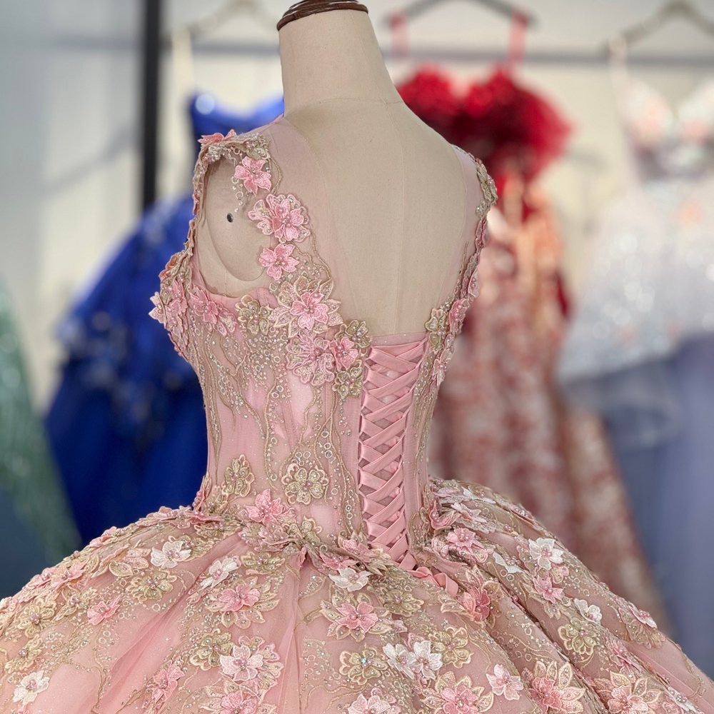 Luxurious Blush Pink Sleeveless Beaded Floral Applique Quinceanera Dress Ball Gown - Image 4