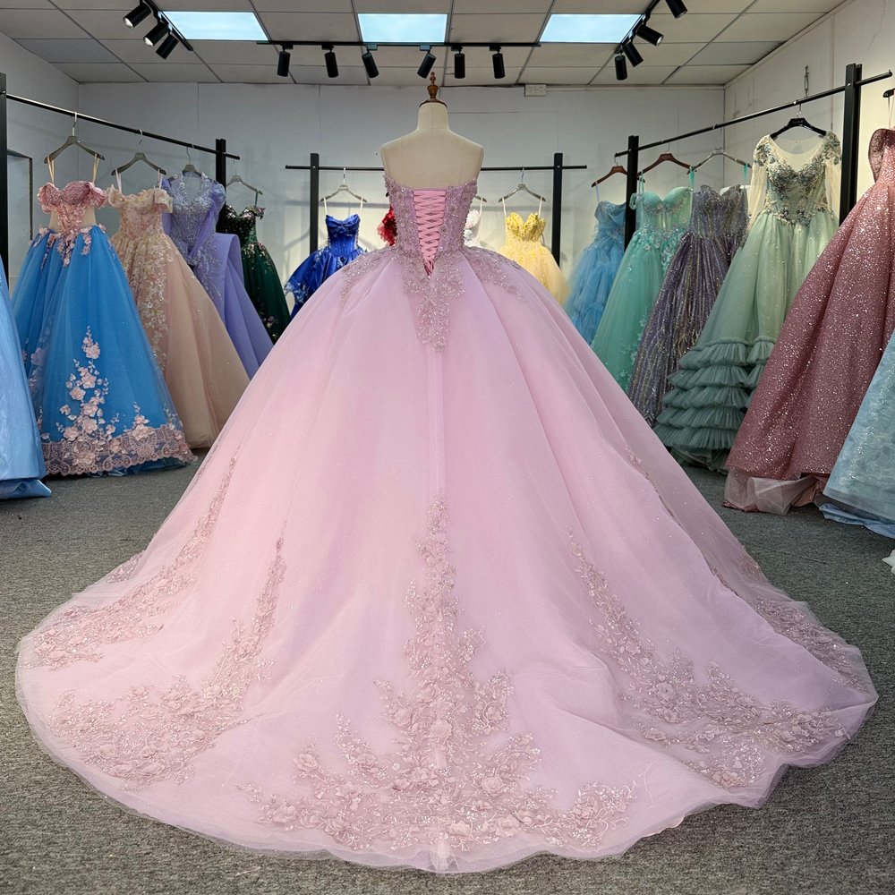 Dazzling Light Pink Strapless Beaded Lace Up Quinceanera Dress Ball Gown Sweet 16 - Image 2