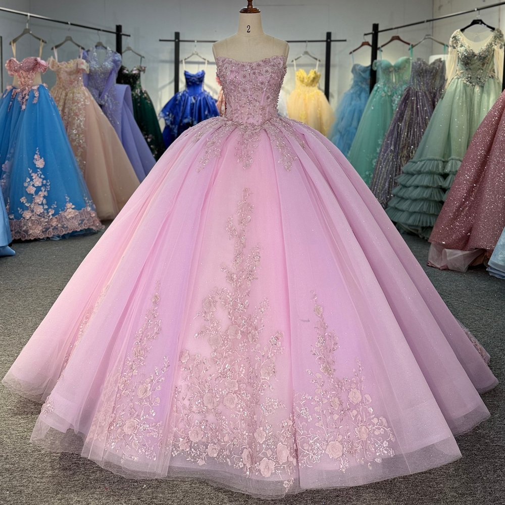 Dazzling Light Pink Strapless Beaded Lace Up Quinceanera Dress Ball Gown Sweet 16