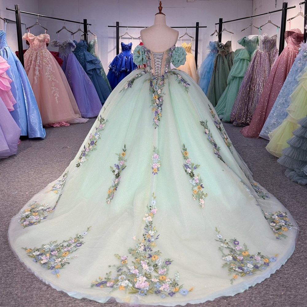 Enchanting Light Green Off Shoulder Beaded Floral Quinceanera Dress Ball Gown Sweet 16 - Image 2