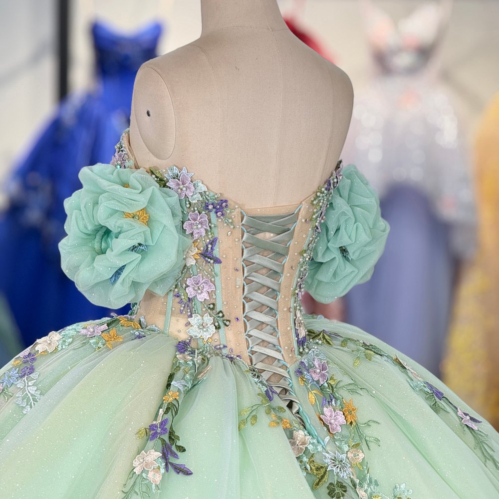 Enchanting Light Green Off Shoulder Beaded Floral Quinceanera Dress Ball Gown Sweet 16 - Image 4