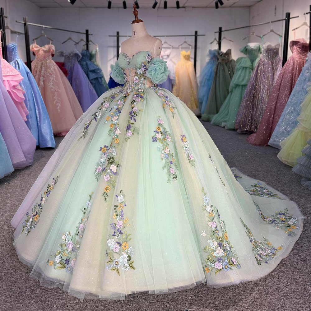 Enchanting Light Green Off Shoulder Beaded Floral Quinceanera Dress Ball Gown Sweet 16 - Image 5