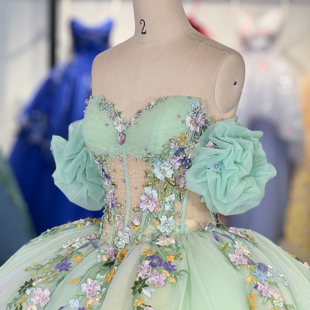 Enchanting Light Green Off Shoulder Beaded Floral Quinceanera Dress Ball Gown Sweet 16 - Image 3