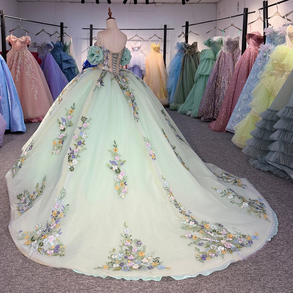 Enchanting Light Green Off Shoulder Beaded Floral Quinceanera Dress Ball Gown Sweet 16 - Image 6