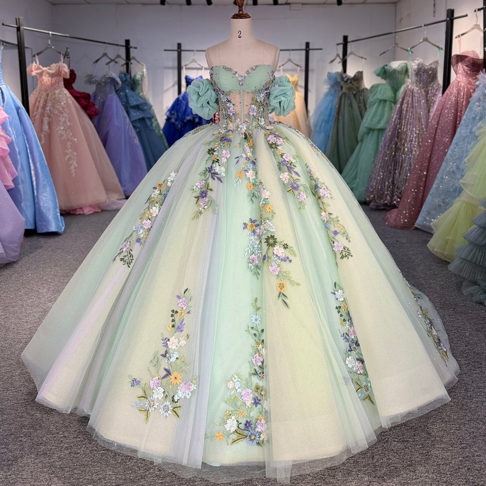 Enchanting Light Green Off Shoulder Beaded Floral Quinceanera Dress Ball Gown Sweet 16