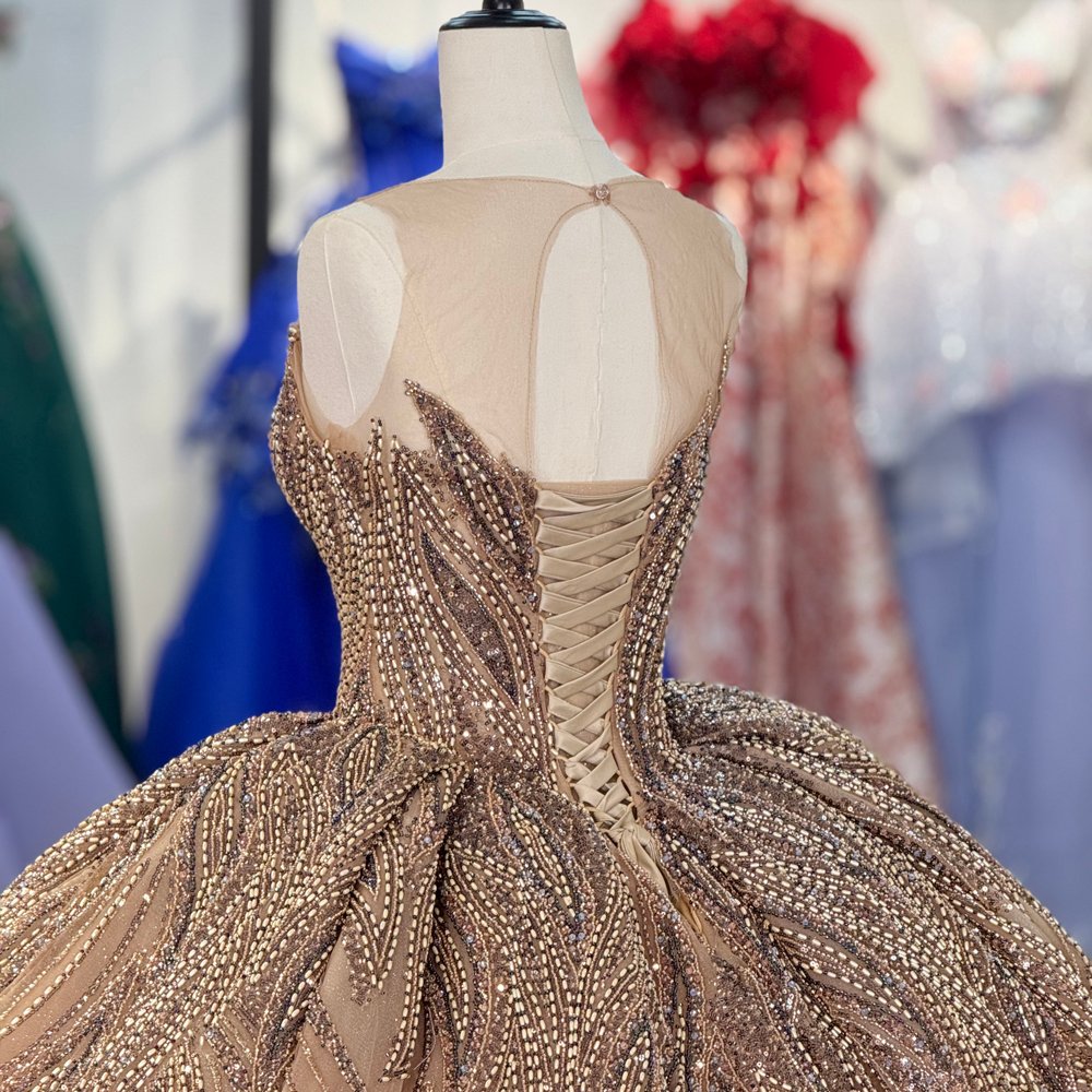 Stunning Nude Gold Sparkly Sweetheart Beaded Quinceanera Dress Ball Gown Long Train - Image 4
