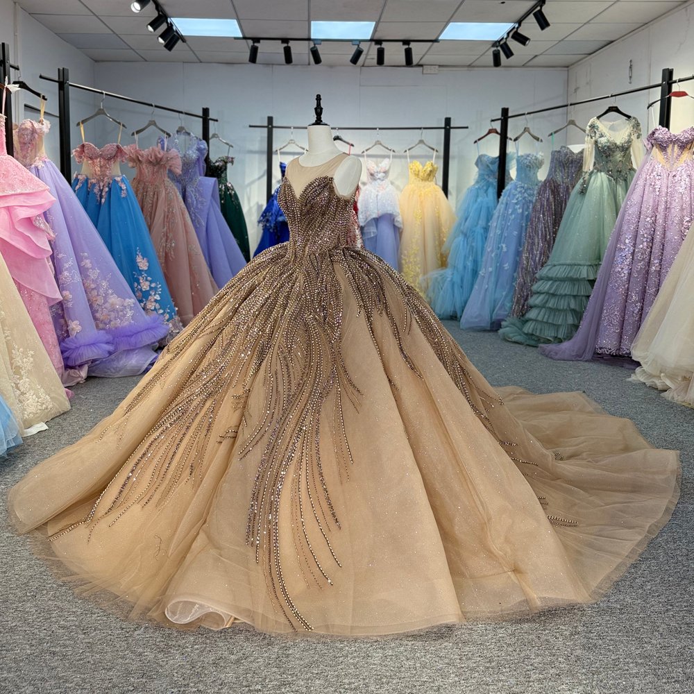 Stunning Nude Gold Sparkly Sweetheart Beaded Quinceanera Dress Ball Gown Long Train - Image 5